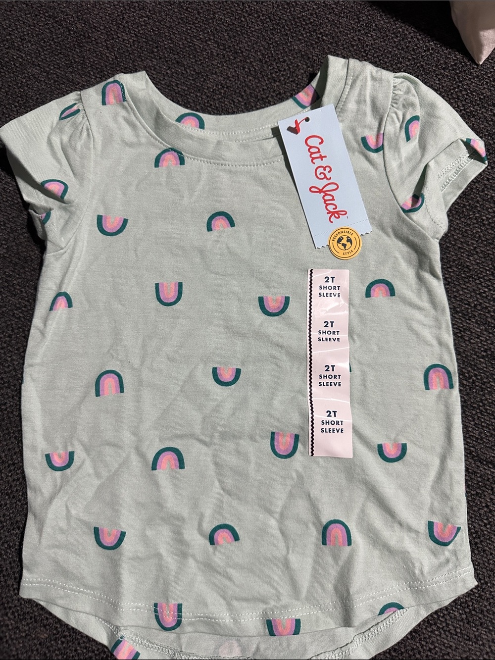 Cat & Jack Light Mint Short Sleeve Tee with Pink and Teal Rainbows